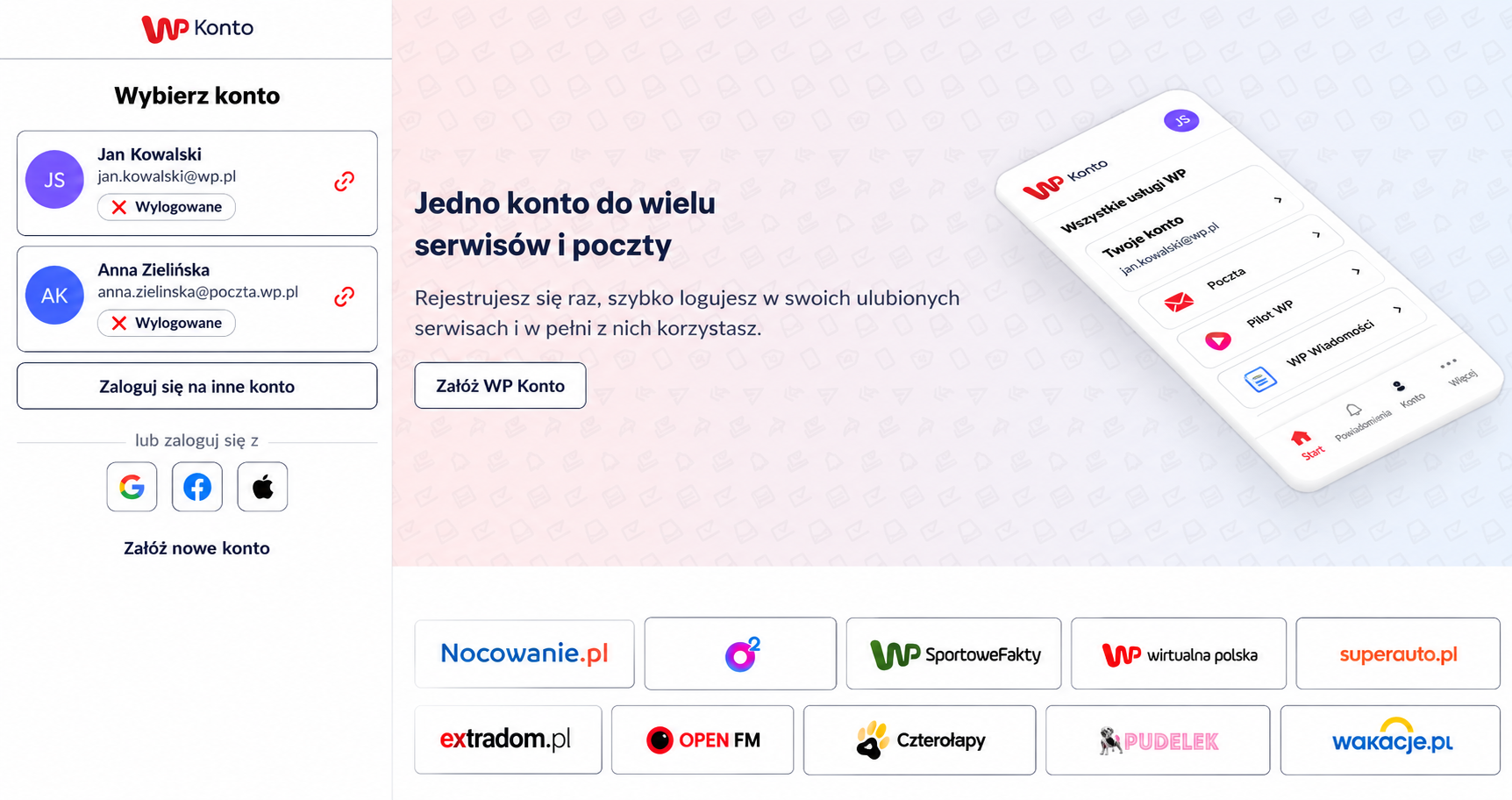 WP Konto logowanie i wybór konta