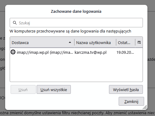 Lista zapisanych danych logowania w Menedżerze haseł Thunderbird