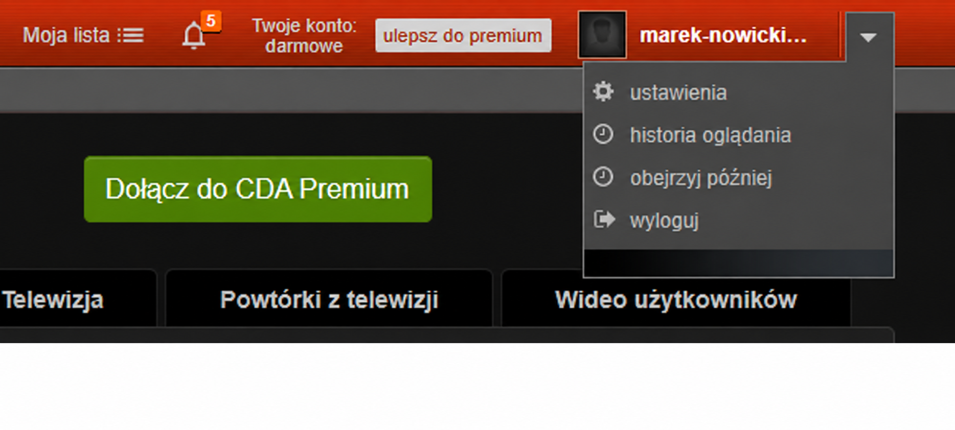 Menu profilu i ustawienia konta CDA Menu profilu zalogowanego użytkownika CDA prowadzące do ustawień konta
