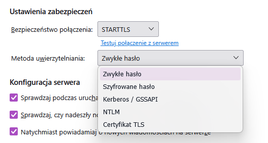 SSL TLS STARTTLS i metoda uwierzytelniania w Thunderbirdzie