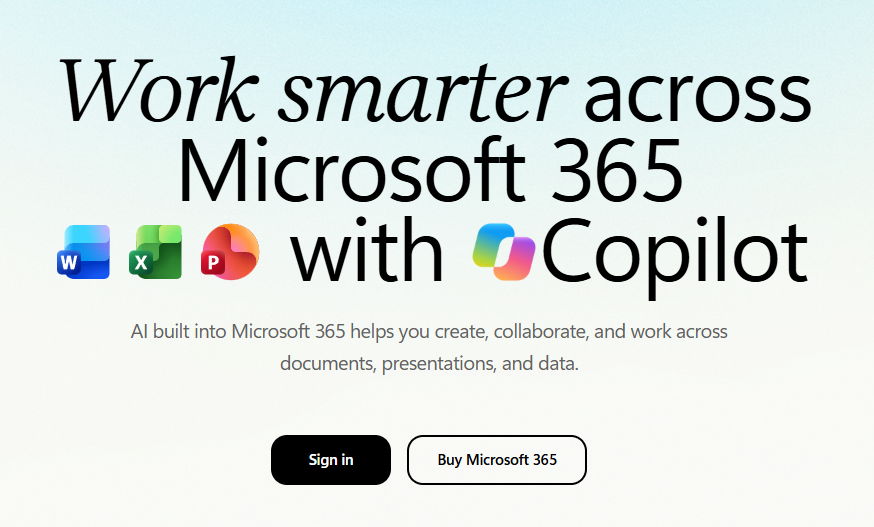 Strona startowa Microsoft 365 z przyciskiem logowania Sign in