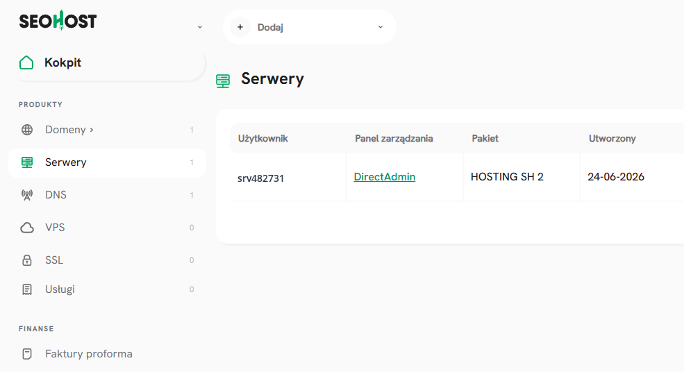 Panel SEOHOST i przejście do DirectAdmin podczas tworzenia konta e-mail