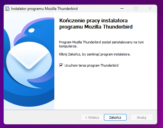 Zakończenie instalacji i uruchomienie programu Thunderbird