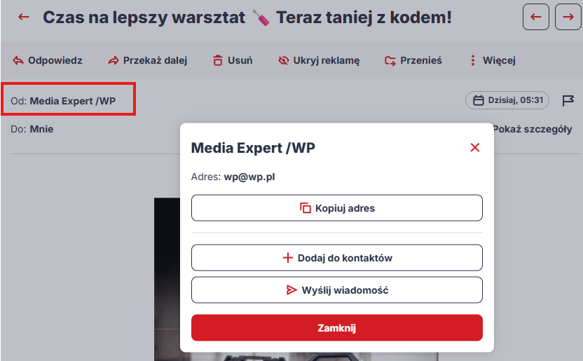 Pole Od używane do sprawdzenia, czy e-mail jest prawdziwy i kto go wysłał