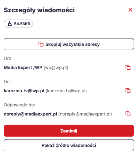 Szczegóły wiadomości z polami Od i Odpowiedz do podczas sprawdzania wiarygodności e-maila