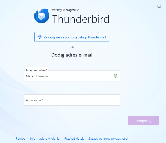 Pierwsze uruchomienie Thunderbirda i dodawanie adresu e-mail
