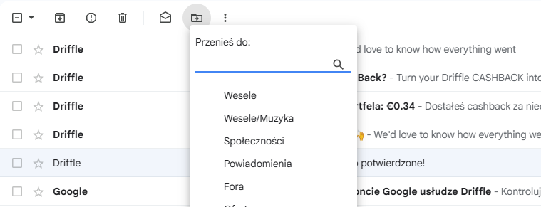 Przycisk Przenieś do dla zaznaczonej wiadomości w Gmailu