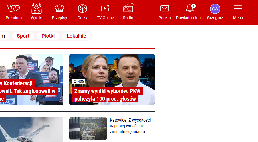 WP Konto zalogowane na stronie Wirtualnej Polski