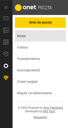 Ustawienia Poczty Onet – sekcja Konto w menu po lewej stronie