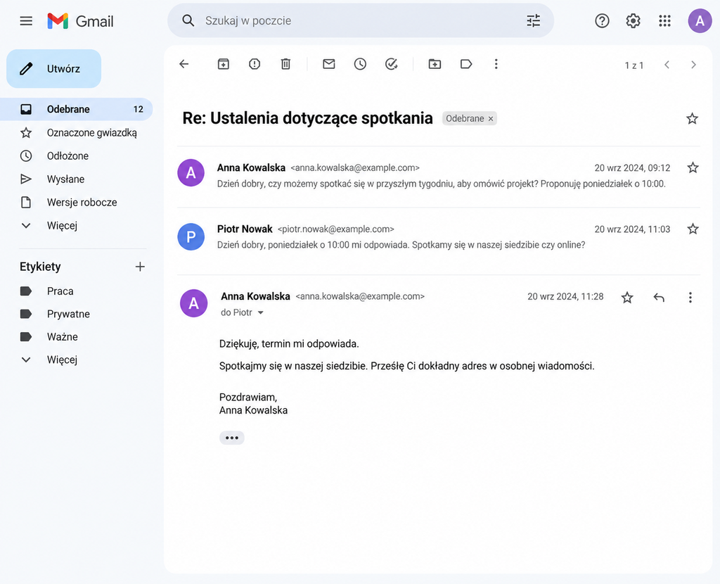 Widok wątku e-mail w Gmailu z kilkoma wiadomościami pogrupowanymi w jedną konwersację