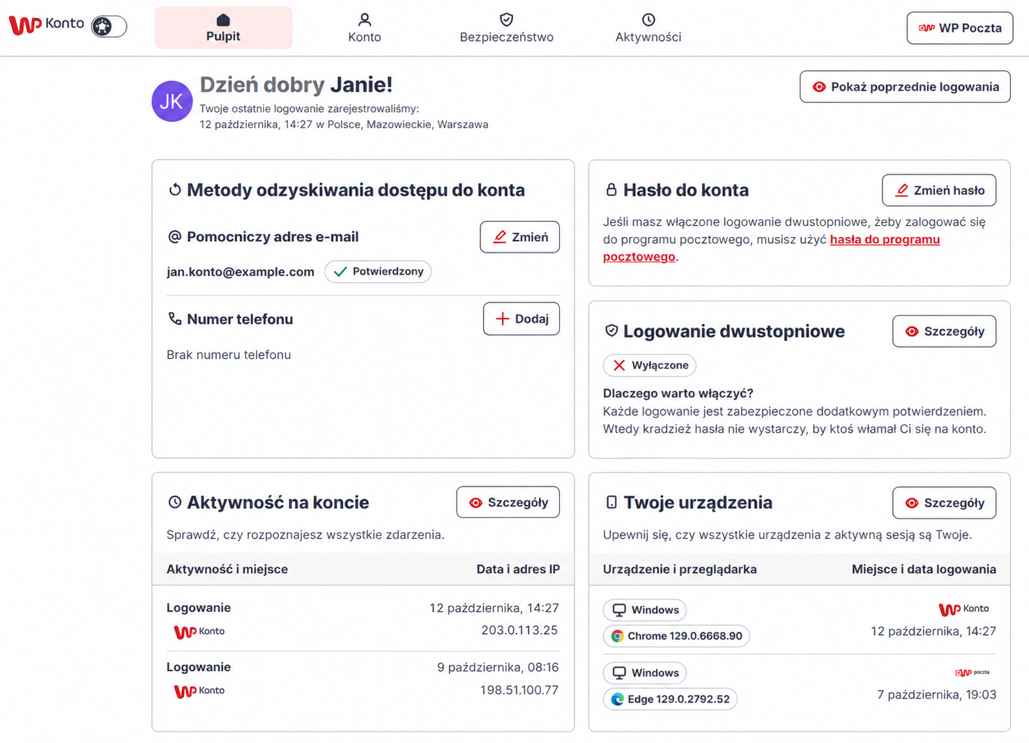 Ustawienia WP Konto hasło 2FA aktywność i urządzenia