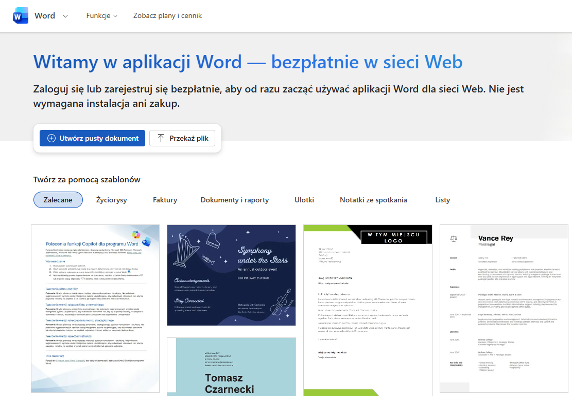 Ekran powitalny aplikacji Word dla sieci Web