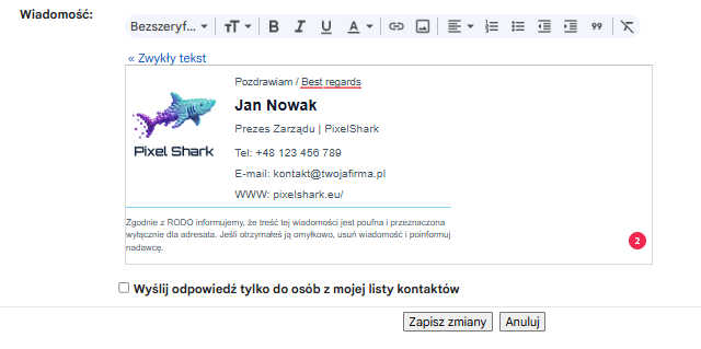 Podpis HTML Gmail wklejony do edytora podpisu