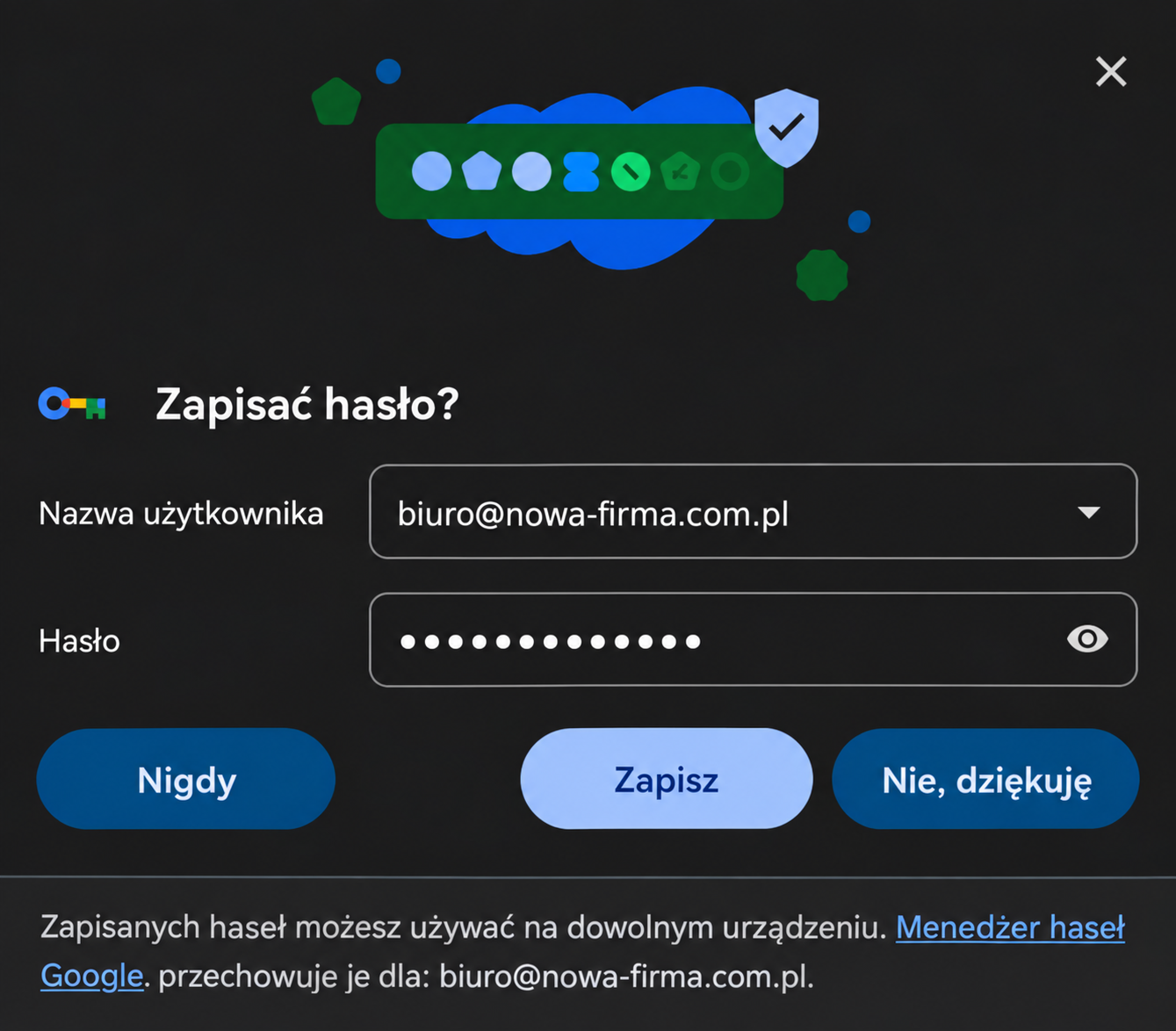 Zapisanie hasła do nowego konta e-mail w menedżerze haseł Chrome