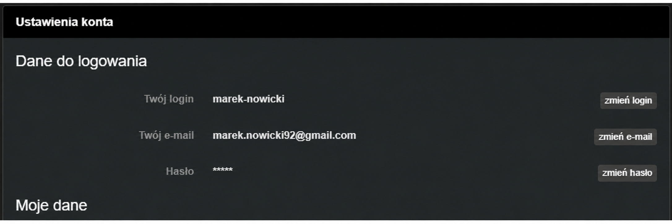 Zmiana adresu e-mail i hasła w ustawieniach CDA Ustawienia konta CDA umożliwiające zmianę adresu e-mail oraz hasła