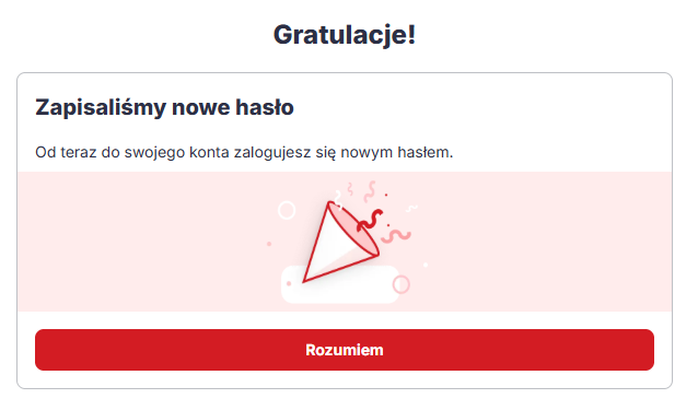 Potwierdzenie pomyślnej zmiany hasła w Poczcie WP Poczta WP – komunikat Gratulacje, zapisaliśmy nowe hasło po zakończeniu odzyskiwania konta