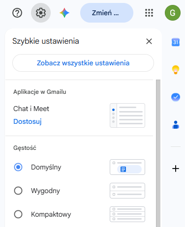 Jak przejść do ustawień Gmaila – koło zębate i przycisk Zobacz wszystkie ustawienia