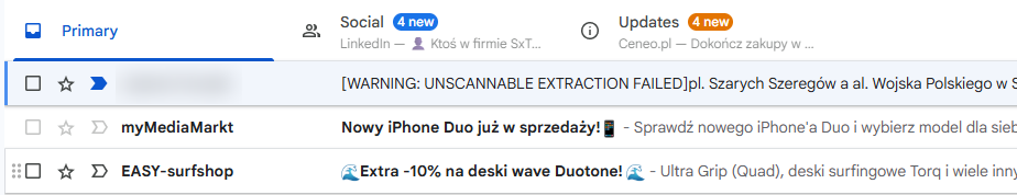WARNING: UNSCANNABLE EXTRACTION FAILED w temacie wiadomości Gmail Komunikat WARNING UNSCANNABLE EXTRACTION FAILED na liście odebranych wiadomości w Gmailu
