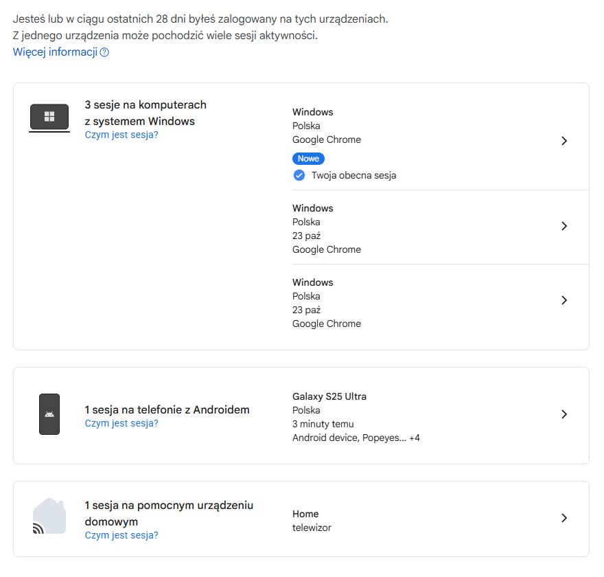 Lista urządzeń zalogowanych do konta Google i Gmaila