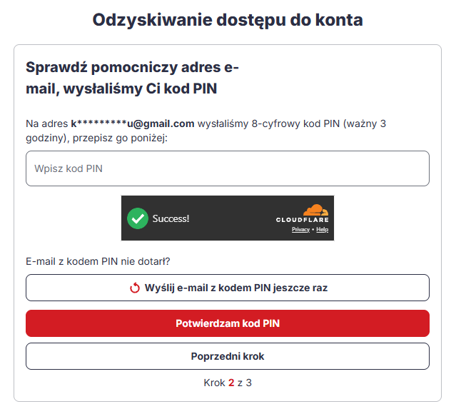 Potwierdzenie odzyskiwania hasła kodem PIN w Poczcie WP Poczta WP – formularz wpisywania kodu PIN wysłanego na pomocniczy adres e-mail