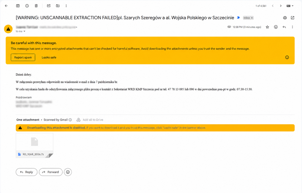 Gmail – WARNING UNSCANNABLE EXTRACTION FAILED i ostrzeżenie o załączniku Widok otwartej wiadomości Gmail z żółtymi ostrzeżeniami o zaszyfrowanym załączniku
