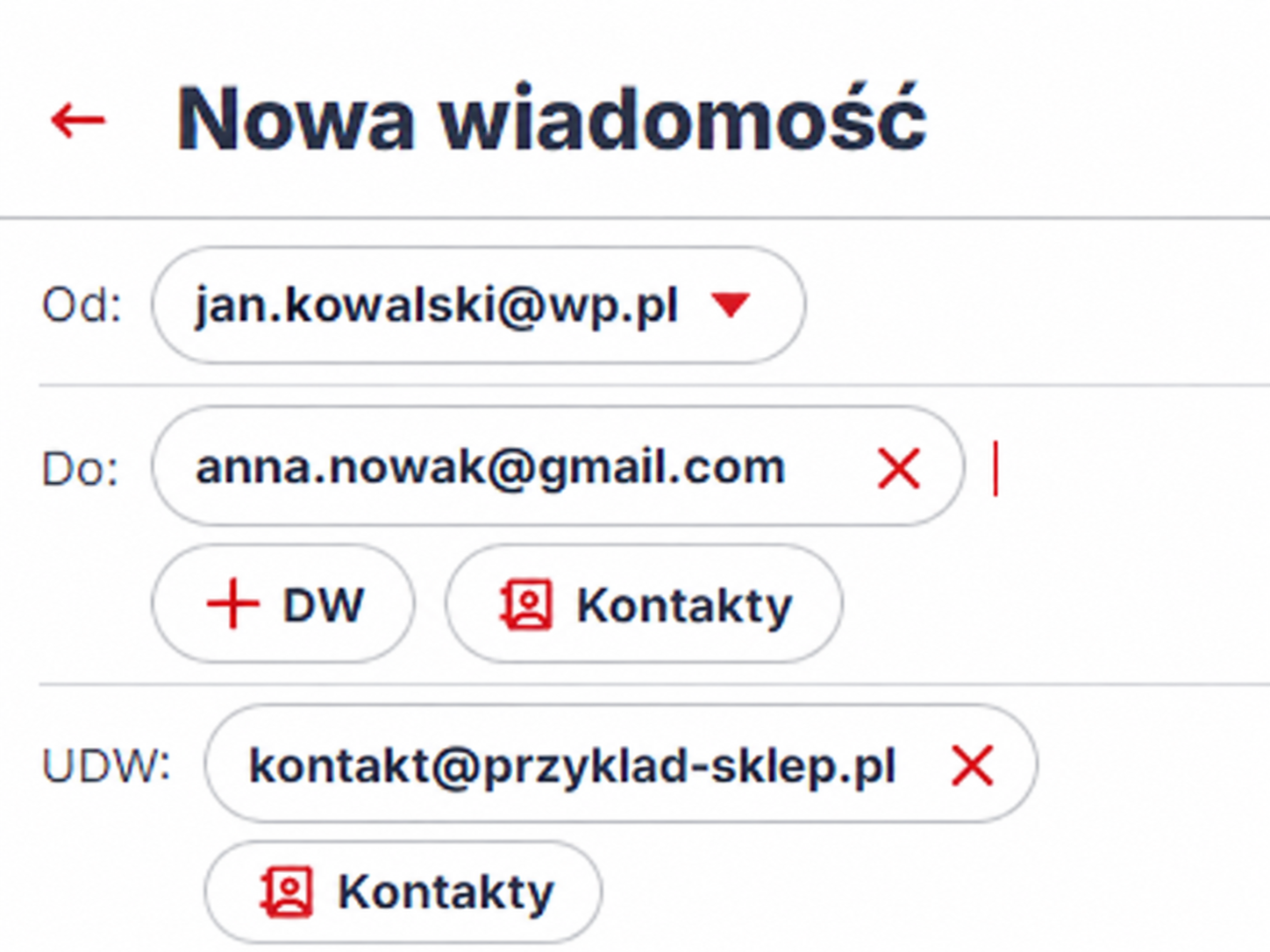 Przykład poprawnego adresowania wiadomości UDW w Poczcie WP Nowa wiadomość w Poczcie WP z uzupełnionym polem Do i adresem ukrytego odbiorcy w polu UDW