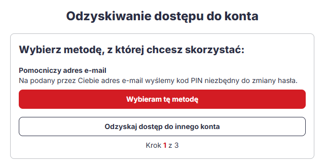 Wybór metody odzyskiwania hasła w Poczcie WP Odzyskiwanie hasła do Poczty WP – wybór pomocniczego adresu e-mail jako metody odzyskiwania dostępu