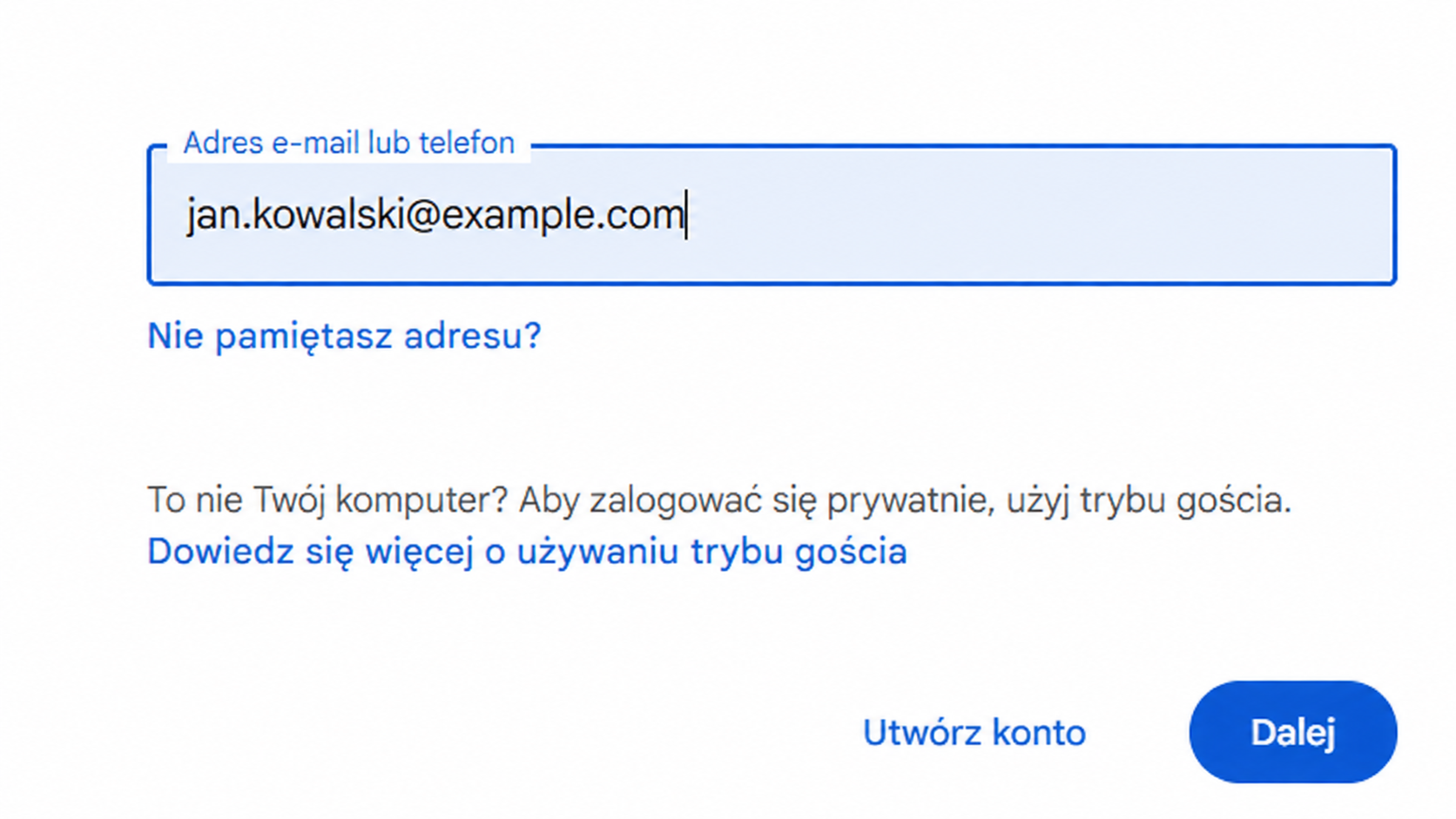 Podaj adres Gmail lub numer telefonu, aby rozpocząć odzyskiwanie hasła Okno logowania Google z polem adres e-mail lub telefon oraz opcją Nie pamiętasz adresu