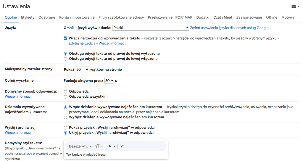 Pasek ustawień Gmaila z zakładkami Ogólne, Etykiety, Odebrane, Konta i importowanie oraz Filtry
