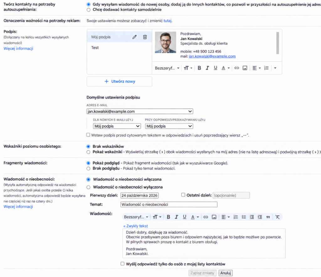 Ustawienia podpisu i automatycznej odpowiedzi w Gmailu