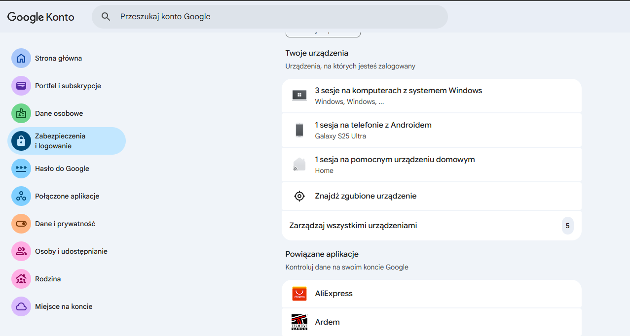 Konto Google – ustawienia bezpieczeństwa, urządzenia i sesje