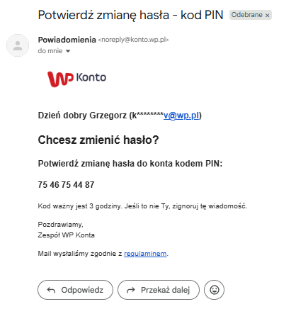 E-mail z kodem PIN do odzyskania dostępu do Poczty WP Przykładowa wiadomość od WP Konta zawierająca jednorazowy kod PIN do zmiany hasła