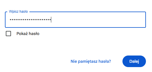 Gmail – wybierz Nie pamiętasz hasła, aby rozpocząć odzyskiwanie konta Formularz wpisywania hasła do Gmaila z przyciskiem Nie pamiętasz hasła