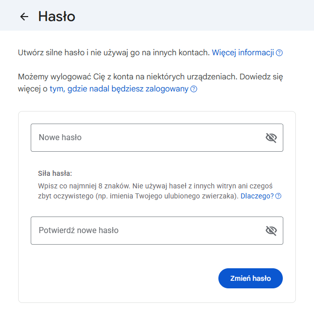 Formularz zmiany hasła konta Google z polami Nowe hasło, Potwierdź nowe hasło oraz przyciskiem Zmień hasło