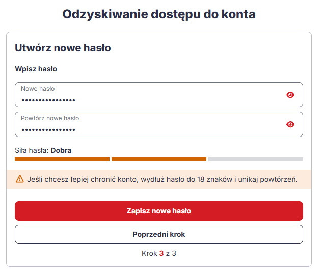 Ustawianie nowego hasła do Poczty WP Poczta WP – formularz tworzenia nowego hasła z dwoma polami i wskaźnikiem siły hasła